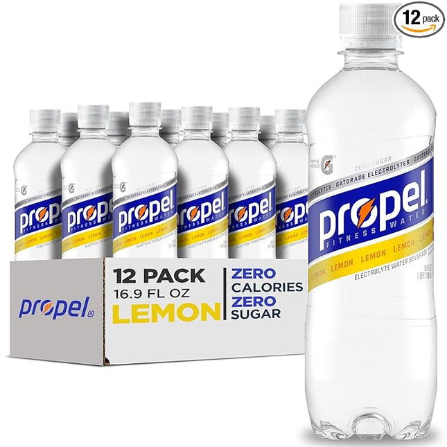 Propel Electrolyte Enhanced Water Sports Drink, Lemon Flavored Water, Zero Calorie & Zero Sugar Hydration with Electrolytes and Vitamins C & E, 16.9 fl oz Bottles (12 Pack)