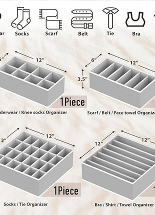 Simple Houseware 4-Pack Drawer Organizer Set - Closet Dividers for Underwear, Socks, Bras, Scarves, Ties - Foldable Non-Woven Storage Boxes, Gray