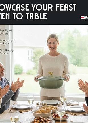 MUELLER HOME 5.5 Quart Enameled Cast Iron Oval Dutch Oven w Rooster Knob & Cotton Potholders, Heavy-Duty Cookware, Oven-Safe up to 500° F & Across All Cooktops, Gifts for Grandma & Women, Thyme Green