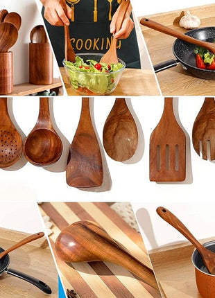 Teak Wooden Kitchen Utensil Set - 7Pcs Wooden Cooking Utensils Including Spatula