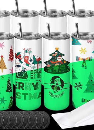 Joyclub 8 Pack Sublimation Tumblers Glow in the Dark 20 oz Bulk Blank Tumblers Skinny Straight Flat Bottom Cups White with Lid and Straw