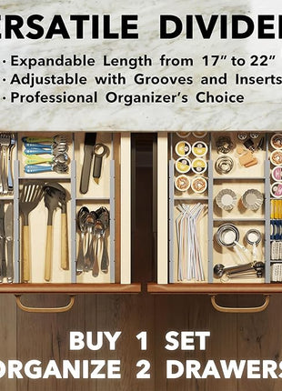 SpaceAid Bamboo Drawer Dividers with Inserts and Labels, Kitchen Adjustable Drawer Organizers, Expandable Organization for Home, Office, Dressers, 10 Dividers with 24 Inserts (17"-22" Gray)