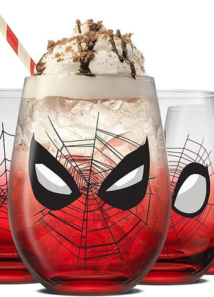 JoyJolt Marvel Spider-Man Spidey-Sense Stemless Drinking Glasses, 19oz Superhero Glass Tumblers, Set of 4 Drink Glasses, Marvel Gifts for Men and Women
