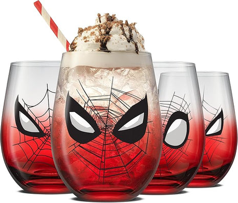 JoyJolt Marvel Spider-Man Spidey-Sense Stemless Drinking Glasses, 19oz Superhero Glass Tumblers, Set of 4 Drink Glasses, Marvel Gifts for Men and Women