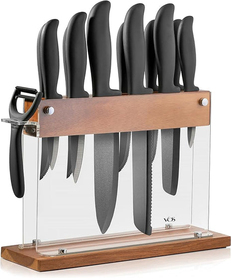 Vos Ceramic Knife Set With Block - 13-Piece Ceramic Knives Set For Kitchen, Includes Chef, Santoku, Bread Knives, Steak Knives, Peeler & Elegant Wooden Block - Ultra-Sharp, Dishwasher safe,Lightweight