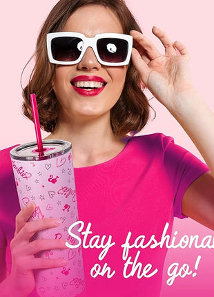 Dragon Glassware x Barbie Vacuum Insulated Tumbler with Lid and Straw - 24 oz Tumbler Cup with 2 Straws - Stainless Steel Tumbler with Straw for Water, Iced Tea - Travel Coffee Tumbler - Love Out Loud