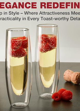Eparé Stemless Champagne Flutes Glass - Set of 8 Modern Double Wall Stemless Flute Glasses for Champagne, Mimosas, and Prosecco - Elegant Gift-Boxed Champagne Glasses for Events