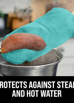 BPA-Free Soft Silicone Oven Mitts - Ultra Heat Resistant Oven Mitts with Thick Cotton Liner - Long Slip Resistant Pot Holders, Flexible Oven Gloves - Turquoise 13.7"