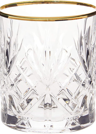 Lorren Home Trends Siena Collection Crystal Double Old Fashion Beverage Glass with Gold Band Design, Set of 4,10 FL OZ