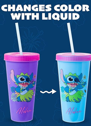 Silver Buffalo Disney Lilo and Stitch Tropical Poses 4 Pack Color Change Plastic Tumbler, 24 Ounces