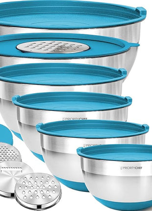 Priority Chef 6Pc Large Mixing Bowls With Lids Set with Non-Slip Bases, Stainless Steel Mixing Bowl Set, 6 Airtight Lids and 3 Graters, Turquoise