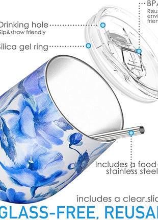 THILY Stainless Steel Insulated Wine Tumbler Stemless Wine Glass with Sliding Lid and Straw, Cute Travel Cup Keep Coffee and Cocktails Cold, Gifts for Women, Her, Iridaceae