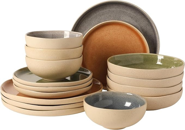 Gibson Elite Manila Bay 16-Piece Stoneware Dinnerware Set, Service for 4, Reactive Glaze Modern Artisan Plates, Bowls & Mugs, Assorted Colors, Round Design