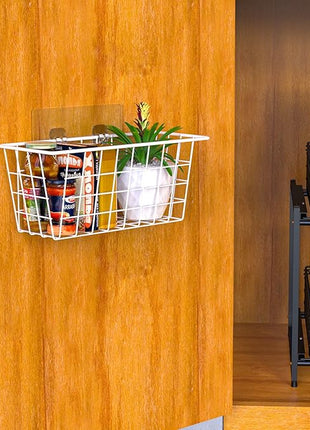 MaraFansie Wall Wire Baskets Adhesive Basket Hanging Kitchen Baskets No Drilling for Cabinet & Pantry Organization and Kitchen, Bathroom, Bedroom Storage, 4 Pack, White