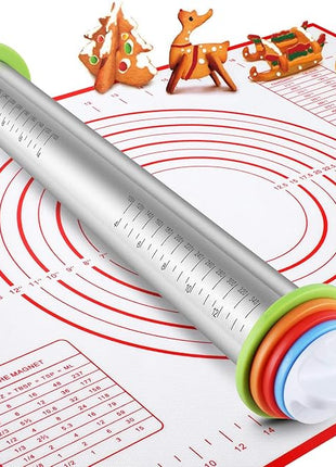 Stainless Steel Rolling Pin and Silicone Mat Set, Adjustable Thickness Rings - For Baking Dough, Pizza, Pies, Pastries, Pasta, Cookies