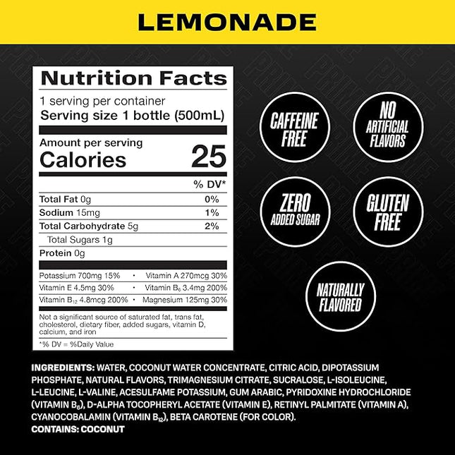 PRIME Hydration LEMONADE, Sports Drinks, Electrolyte Enhanced for Replenishing Fluids, 250mg BCAAs, B Vitamins, Antioxidants, Low Sugar, 16.9 Fl Oz, 12 Pack