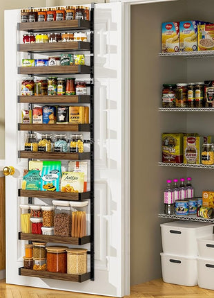 Moforoco Wood 9-Tier Over The Door Pantry Organizer, Wooden Pantry Organization and Storage, Black Hanging Basket Wall Spice Rack Seasoning Shelves, Home & Kitchen