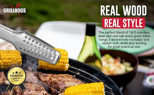 12" Tongs 18/0 Stainless Steel BBQ Grill Tongs with Ergonomic Real Oak Wood Handle for Cooking - Durable Grilling Accessory, Tongs for Cooking & Kitchen, Outdoor Barbecue, Easy to Clean