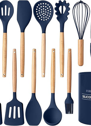 Country Kitchen Non Stick Silicone Utensil Set with Rounded Wood Handles for Cooking and Baking, 14 Piece Set, Navy