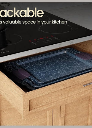 BAKKEN Kitchen Baking Pan Set - Nonstick Coating, Carbon Steel Bakeware Sets with Blue Silicone Handles, Baking Kitchen Essentials, PFOA, PFOS, PTFE Free, Oven Safe Tray (Up To 450° F), Set of 3