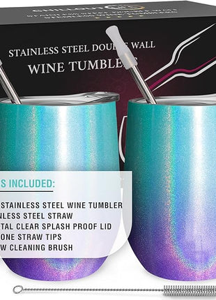CHILLOUT LIFE 12 oz Stainless Steel Wine Tumblers 2 Pack - Double Wall Vacuum Insulated Wine Glasses Cups with Lids and Straws Set Keeping Cold & Hot for Coffee, Beer, Ice Cream - Mermaid Sparkle