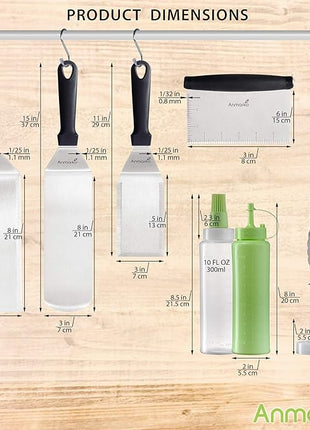 Metal Spatula and Scraper Set - Griddle Accessories kit - Grill Tongs Flat Spatula Pancake Flipper Hamburger Turner Squeeze Bottles Set - Metal Utensil Great for BBQ Grill Flat Top Cast Iron