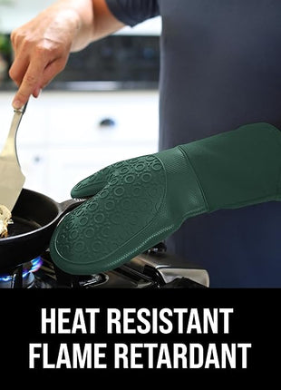 BPA-Free Silicone Oven Mitts Ultra Heat Resistant up to 500°F - Oven Mitts with Thick Cotton Liner - Long Slip Resistant Pot Holders, Flexible Oven Gloves - Green 13.7