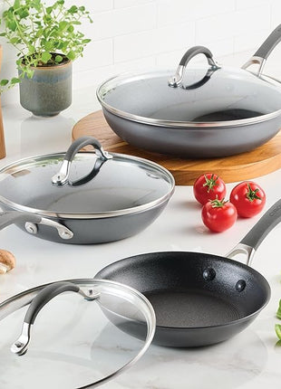 Circulon A1 Series with ScratchDefense Technology Nonstick Induction, Frying Pans/Skillets with Lids, Metal Utensil Safe, Skillet Set w/Lid (8.5", 10" & 12") - Graphite