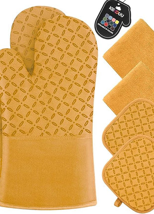 KEGOUU Oven Mitts and Pot Holders 6pcs Set, Kitchen Oven Glove High Heat Resistant 500 Degree Extra Long Oven Mitts and Potholder with Non-Slip Silicone Surface for Cooking （Orange）
