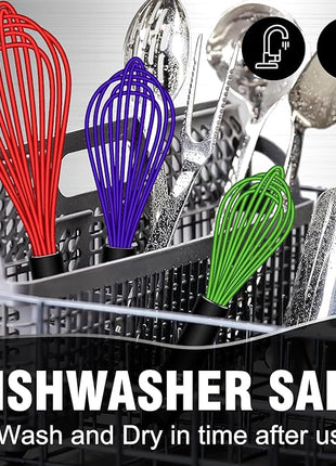 Walfos Whisk,7+9+11in Silicone whisk, BPA free Whisks for Cooking Non Scratch. Heat Resistant(480°F) Wisk. Perfect for Blending, Mixing, Beating etc.Dishwasher Safe.Set of 3 (Colorful)