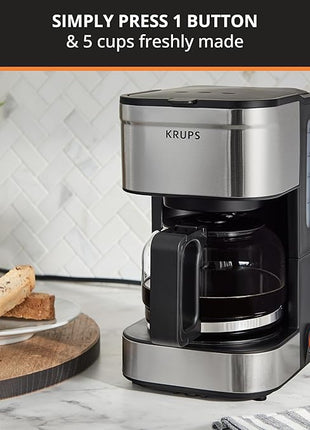 KRUPS Simply Brew Compact 5 Cup Coffee Maker: Stainless Steel Design, Pause & Brew, Keep Warm, Reusable Filter, Drip-Free Carafe