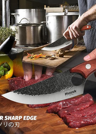 Huusk Viking Knives Hand Forged Boning & Chef Knife - Full Tang Japanese Blade with Sheath - Butcher Meat Cleaver - Camping & Kitchen Christmas Gifts for Men and Women