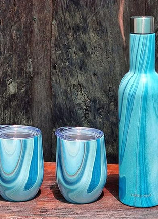 CHILLOUT LIFE 12 oz Stainless Steel Wine Tumblers 2 Pack & 1 Insulated Wine Bottle - Double Wall Vacuum Insulated Wine Glasses Cups with Lids and Straws Set Keeping Cold & Hot Gift Set