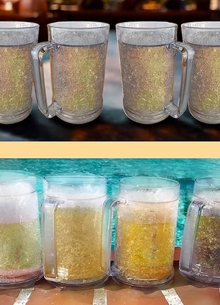 Lily's Home 16oz set of 4 Insulated Double Wall Gel-Filled Acrylic Frosted Freezer Stein Mugs, Great as Old Fashion Drinking Glasses at BBQs and Parties, Clear
