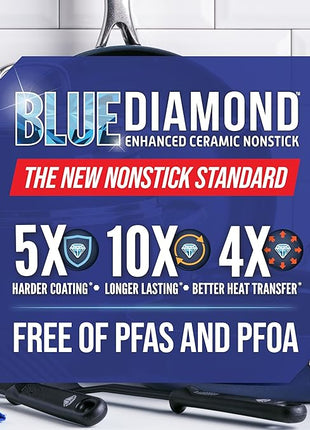 Blue Diamond Frying Pan 8” Skillet, Diamond Infused Healthy Ceramic Nonstick, PFAS and PFOA-Free, Dishwasher and Oven Safe, Even Heating, Metal Utensil Safe, Warp Control Base, Blue (Pack of 4)