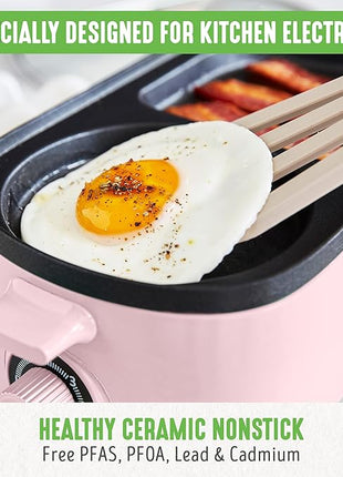 GreenLife 3-in-1 Breakfast Maker Station, Healthy Ceramic Nonstick Dual Griddles for Eggs Meat Sausage Bacon Pancakes and Breakfast Sandwiches, 2 Slice Toast Drawer, Easy-to-use Timer, Pink