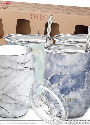THILY Stainless Steel Stemless Wine Tumbler 4 Pack Vacuum Insulated Travel Wine Glasses with Sliding Lids and Straws, 12 oz, Keep Cold for Juice, Coffee, Beer, 4 Different Marbles Set