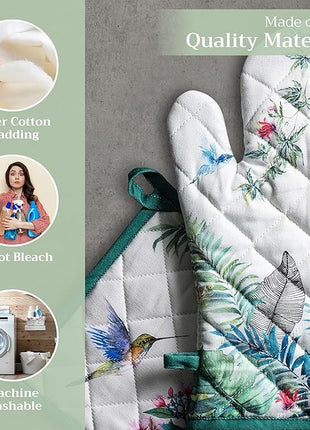 Maison d' Hermine 100% Cotton Oven Mitt & Pot Holder Set (7.5"x13" & 8"x8") Heat Resistant BBQ Cooking Gloves with Loop, Baking, Grilling, Kitchen, Handling Hot Pans Spring/Summer (Tropiques)