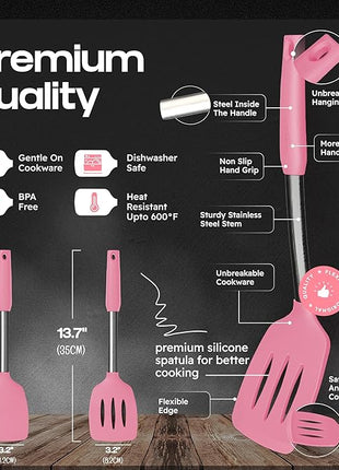 Silicone Spatula Set - Turner Spatulas Silicone Heat Resistant 600°F - Slotted & Solid Spatula for Cooking Fish, Eggs, Pancakes Flipper – Spatulas for kitchen use – Pink