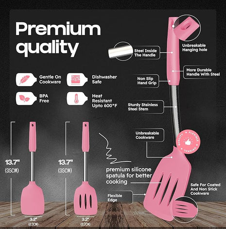 Silicone Spatula Set - Turner Spatulas Silicone Heat Resistant 600°F - Slotted & Solid Spatula for Cooking Fish, Eggs, Pancakes Flipper – Spatulas for kitchen use – Pink