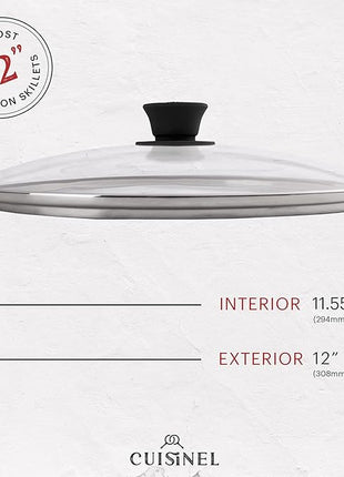 Cuisinel Cast Iron Skillet with Lid - 12"-Inch Frying Pan + Glass Lid + Heat-Resistant Handle Cover - Pre-Seasoned Oven Safe Cookware - Indoor/Outdoor Use - Grill, BBQ, Fire, Stovetop, Induction Safe