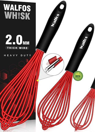 Walfos Whisk,Silicone Whisks- Heat Resistant（480°F） Silicone Whisks for Cooking Non Scratch,BPA free and Dishwasher Safe.Perfect for Blending,Whisking,Beating, Set of 3(Red)
