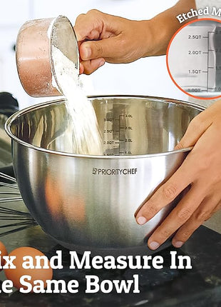 Priority Chef Premium Mixing Bowls With Airtight Lids Set, Thicker Stainless Steel Mixing Bowl Set, Large Prep Metal Bowls with Lids, Nesting Bowls for Kitchen, 1.5/2/3/4/5 Qrt, Grey