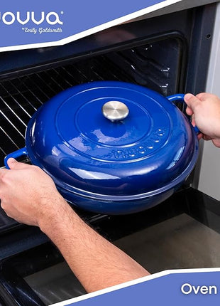 Shallow Cast Iron Casserole with Lid – Non Stick Dutch Oven Pot, Oven Safe up to 500° F – Sturdy Ovenproof Stockpot Cookware – Enamelled Cooking Pot – Dark Blue, 5-Quart, 32cm – by Nuovva