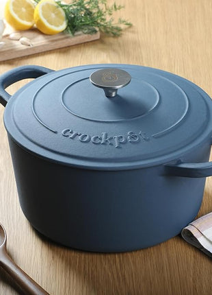 Crock-Pot Artisan 5-Quart Round European Enameled Cast Iron Dutch Oven with Lid – Matte Navy Blue, Durable Oven Safe Cookware