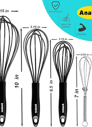 Anaeat Kitchen Whisk Set of 5, Perfect for Non-Stick Cookware, Egg Beater Milk Blender for Whisking, Cooking, Baking - 5"+7" Mini Wire Whisk and 8.5''+10.5''+12'' Silicone Balloon Whisks (Black)