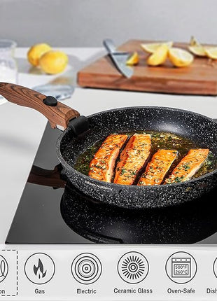 Kitchen Academy Removable Handle Induction Pots and Pans Set - 10 Piece Non-stick Cookware Sets, Black Granite Stackable RV Cookware for Camp