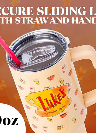 Silver Buffalo Gilmore Girls Luke's Diner Stainless Steel Tumbler with Handle and Straw, Fits in Standard Cup Holder, 40 Ounces