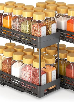 Pull Out Spice Rack Organizer for Cabinet, 3 Packs Slide Out Spice Racks Organizer, Spice Cabinet Organizers, Cabinet Size Need:12'' Highx11'' Deepx5'' Wide,Each Tier Hold 10 Spice Jar - 2 Tier, Black