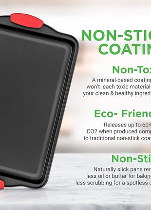 NutriChef 3-Piece Nonstick Kitchen Oven Baking Pans - Premium & Stylish Non-Stick Steel, Commercial Grade Restaurant Quality Metal Bakeware with Red Silicone Handles - Easy to Clean, NCSBS3S